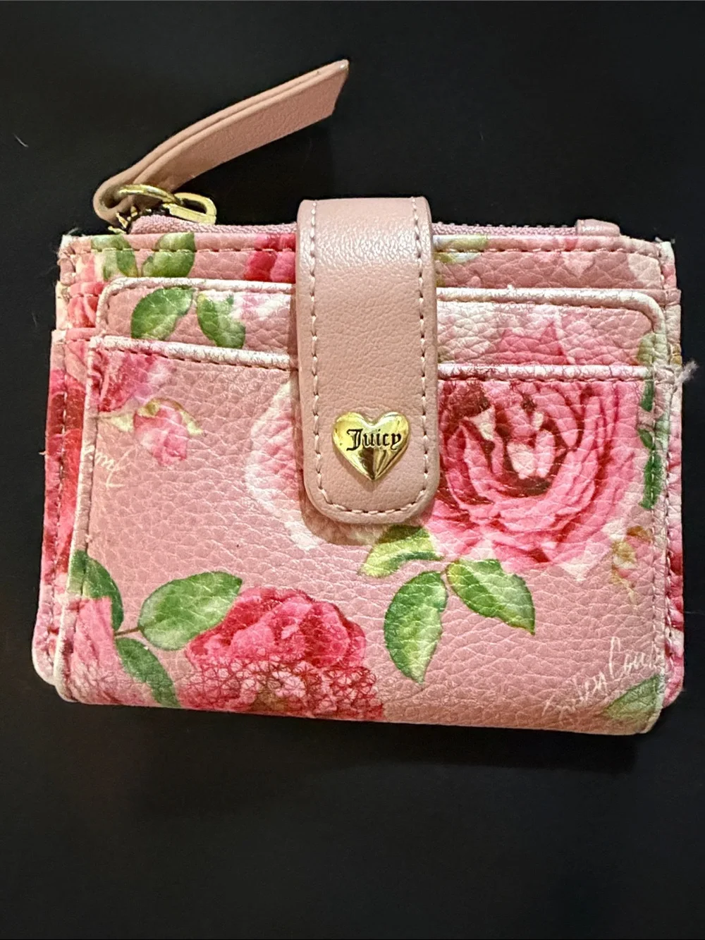 Juicy Couture Pink Floral Heart-Logo Compact Wallet